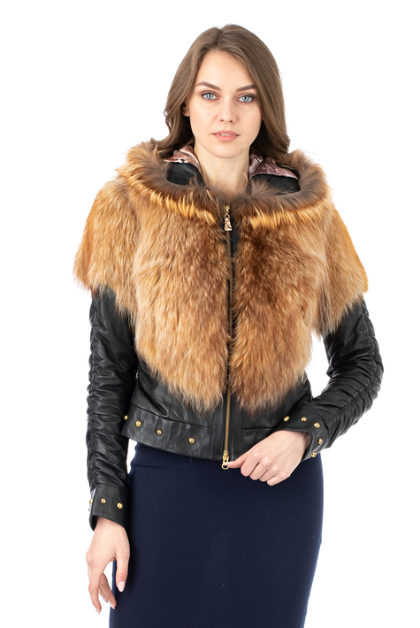 Женская кожаная куртка из натуральной кожи с капюшоном, отделка лиса 0902503