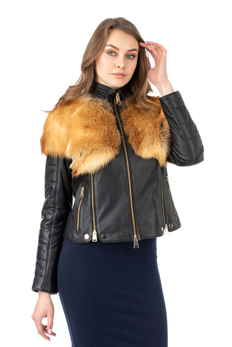 Женская кожаная куртка из натуральной кожи с воротником, отделка лиса 0902508