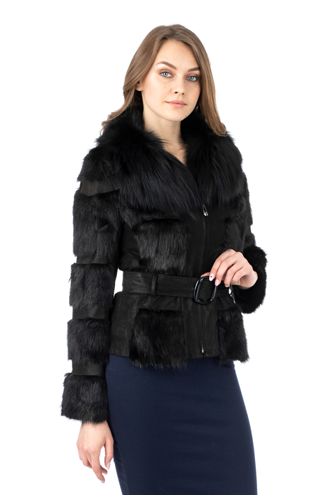 Женская кожаная куртка из натуральной кожи с воротником, отделка кролик 0902526