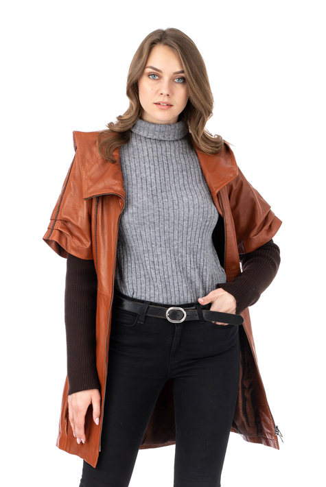 Женское кожаное пальто из натуральной кожи с капюшоном 0902532