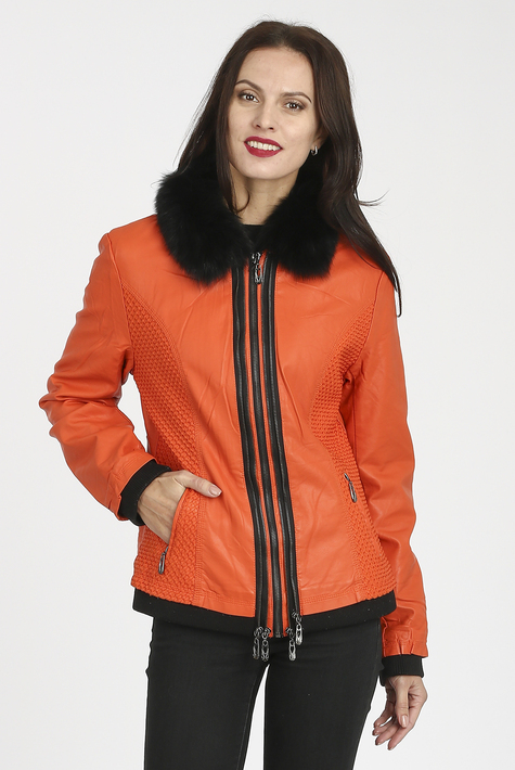 Женская кожаная куртка из эко-кожи с воротником, отделка песец 1900005