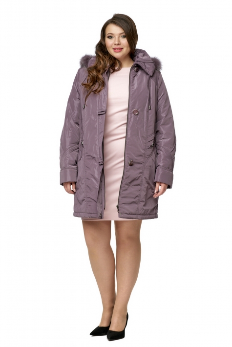 Женское пальто из текстиля с капюшоном, отделка песец 8010578