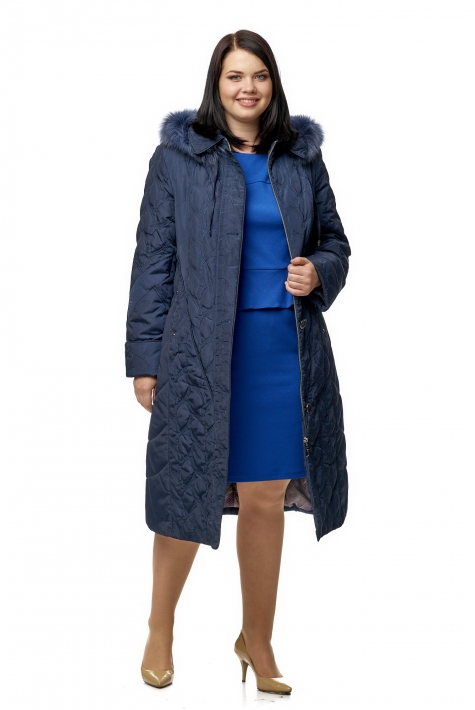 Женское пальто из текстиля с капюшоном, отделка песец 8010586