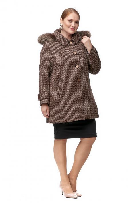 Женское пальто из текстиля с капюшоном, отделка песец 8012212