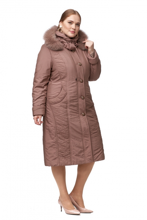 Женское пальто из текстиля с капюшоном, отделка песец 8012658
