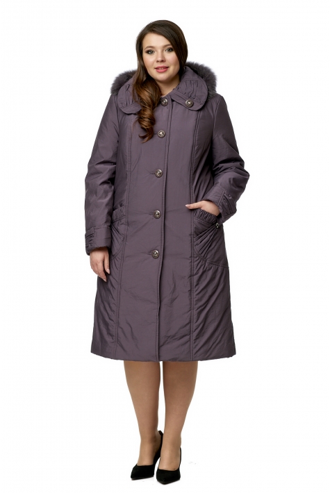 Женское пальто из текстиля с капюшоном, отделка песец 8015984