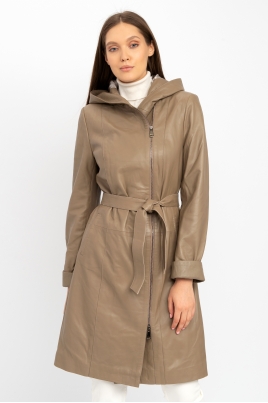 Женское кожаное пальто из натуральной кожи с капюшоном