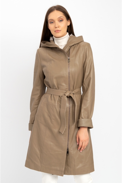 Женское кожаное пальто из натуральной кожи с капюшоном 8022147
