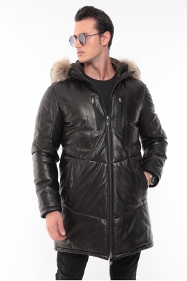 Мужское кожаное пальто из натуральной кожи с капюшоном, отделка енот