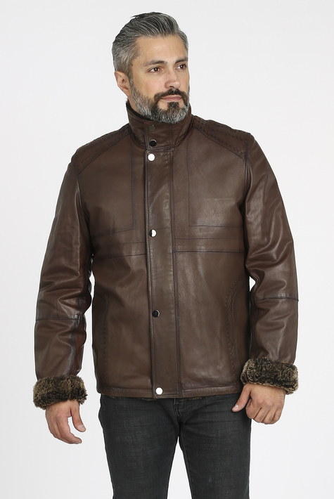 Мужская кожаная куртка из натуральной кожи на меху с воротником 3600180