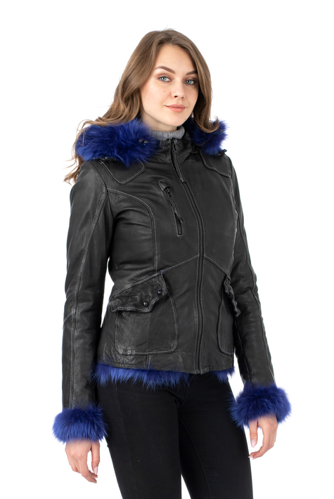 Женская кожаная куртка из натуральной кожи на меху с капюшоном, отделка песец 3600221