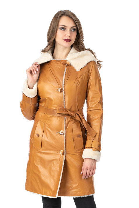 Женское кожаное пальто из натуральной кожи на меху с капюшоном 3600231
