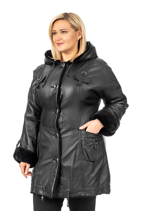Женское кожаное пальто из натуральной кожи на меху с капюшоном 3600233
