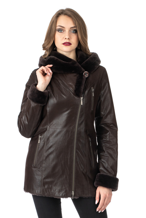 Женская кожаная куртка из натуральной кожи на меху с капюшоном 3600236