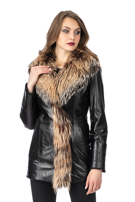 Женская кожаная куртка из натуральной кожи на меху с воротником, отделка лиса 3600245
