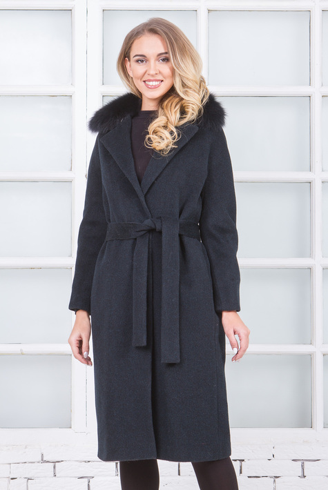 Женское пальто из текстиля с воротником, отделка песец 3000545
