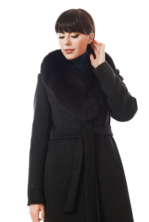 Женское пальто из текстиля с воротником, отделка песец 3000717